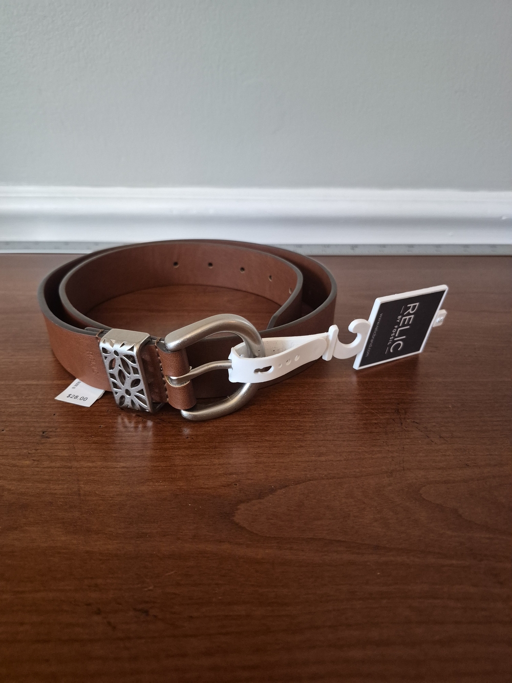 Relic Brownโ Leather Belt with Decorative Silver Buckle
